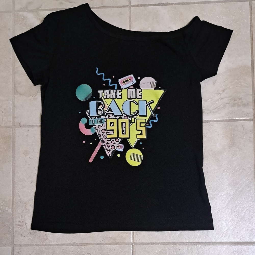 1990s Black Retro Graphic Women's Stretch Tee, Wore 1x